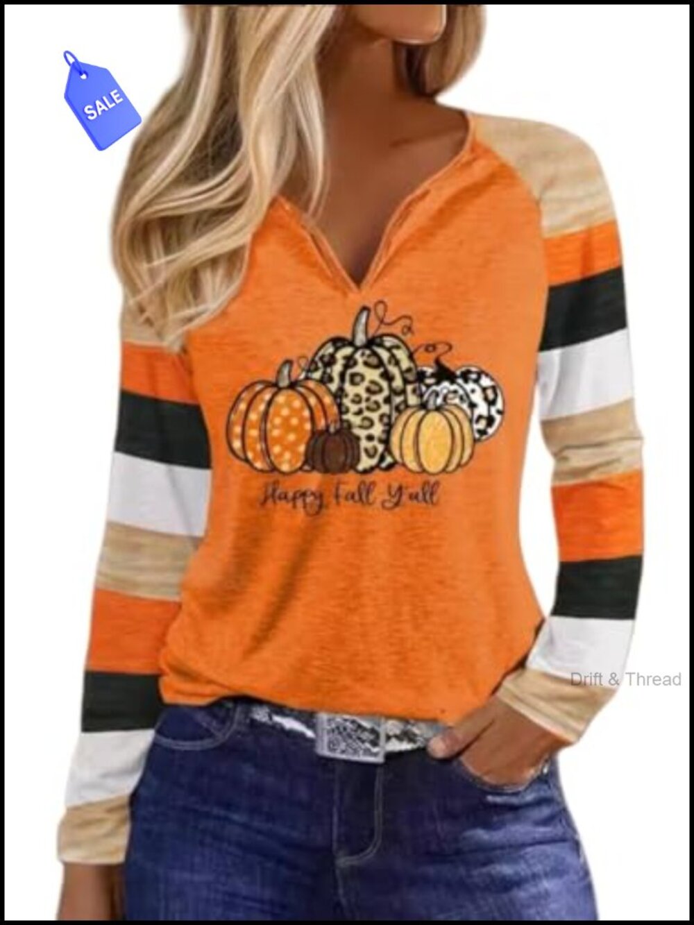 Women's Notch Neck Long Sleeve Fall Tunic Tee Thankful Pumpkin Turkey Graphic